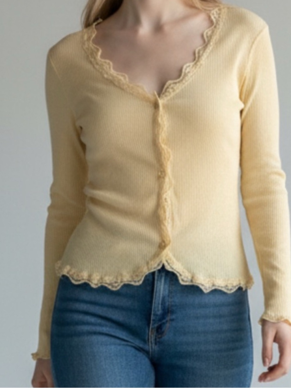 Soft Lace-Trim Yellow Ribbed Cardigan Sweater